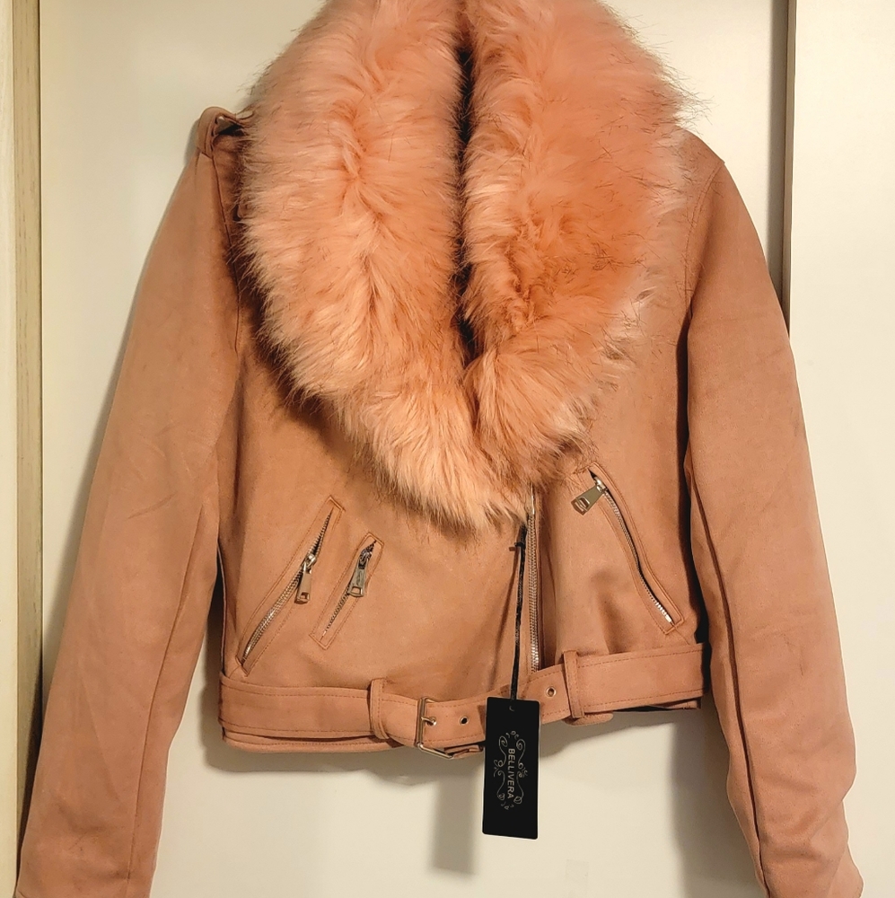 ✨NWT✨ Women's Bellivera Pink Faux Suede Jacket Coat w/ Removable Faux Fur Collar